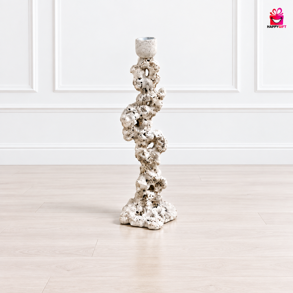 Minimalist Coral Rock Candlestick – Sculptural Off-White Taper Candle Holder