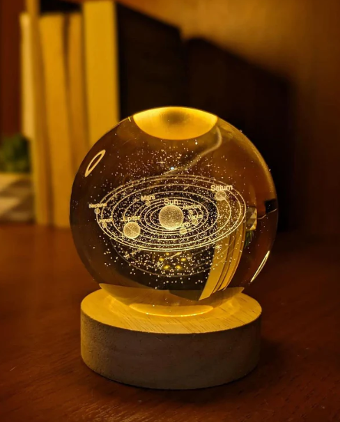 3D Solar System Crystal Ball Lamp – LED Galaxy Orb with Wooden Base