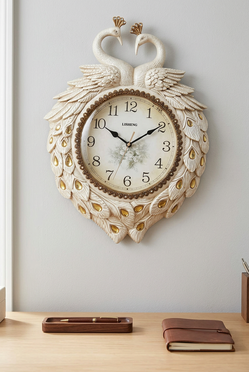 Decorative Peacock Wall Clock in Ivory and Gold – Happy Gift