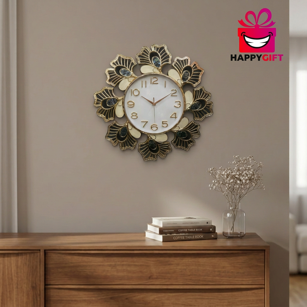 Decorative Floral Wall Clock in Black, Ivory and Gold – Happy Gift