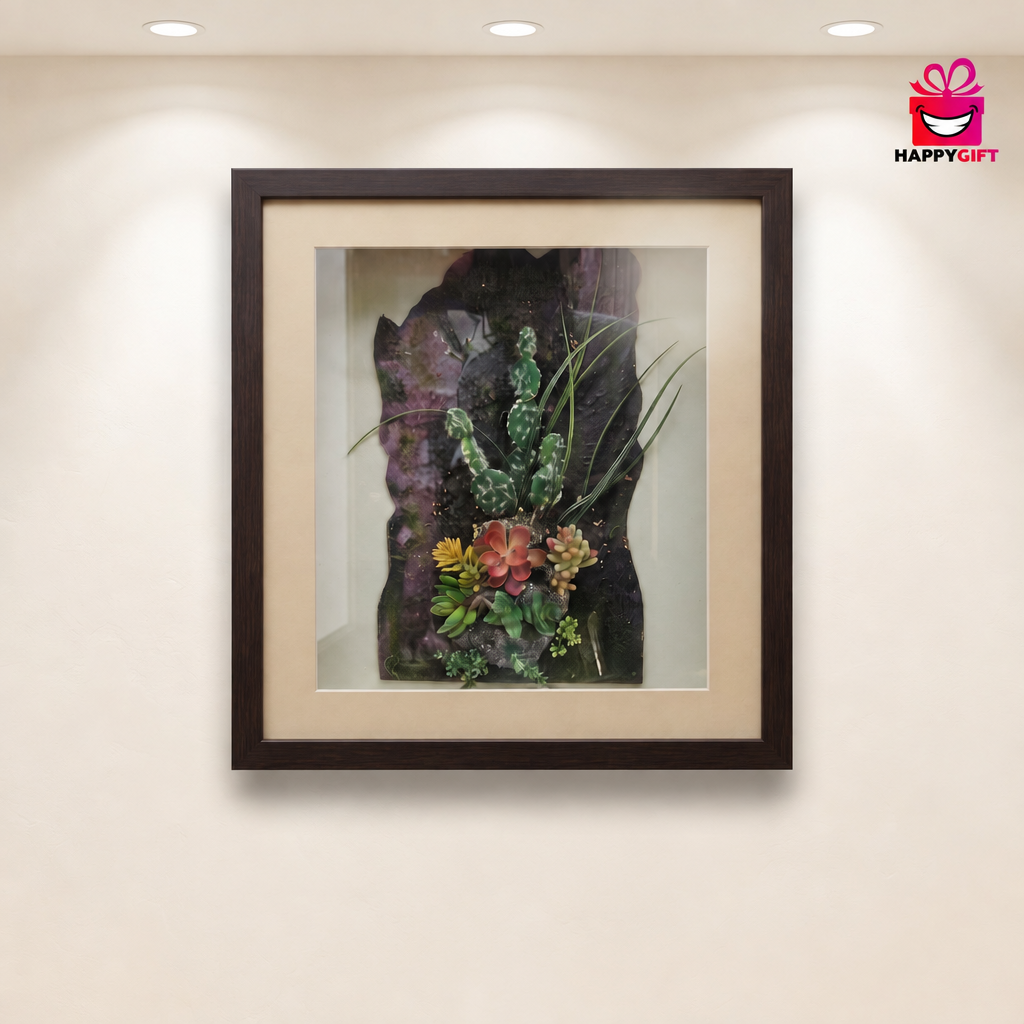 "Desert Harmony" - Framed Succulent Shadow Box Art | HappyGift Home Decor