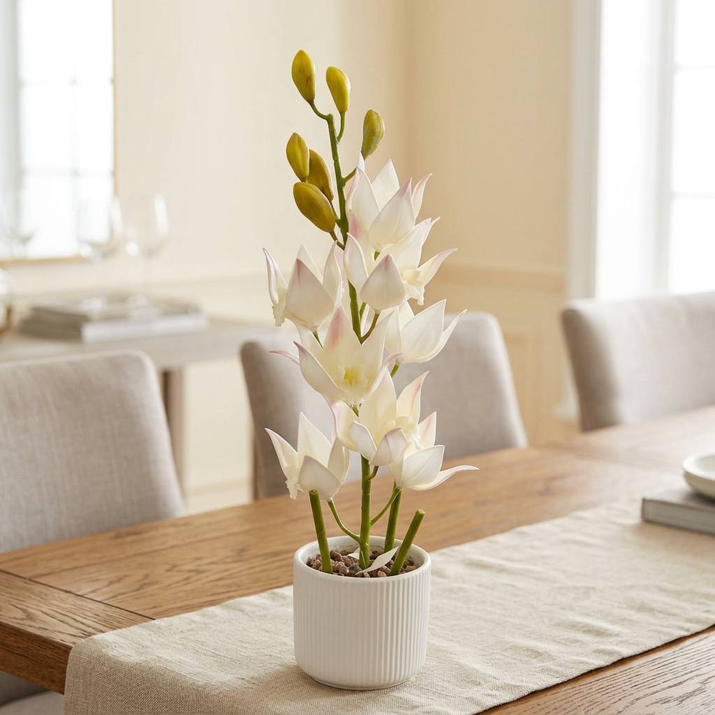Title: White Artificial Flower Arrangement in Ribbed Pot | Happy Gift