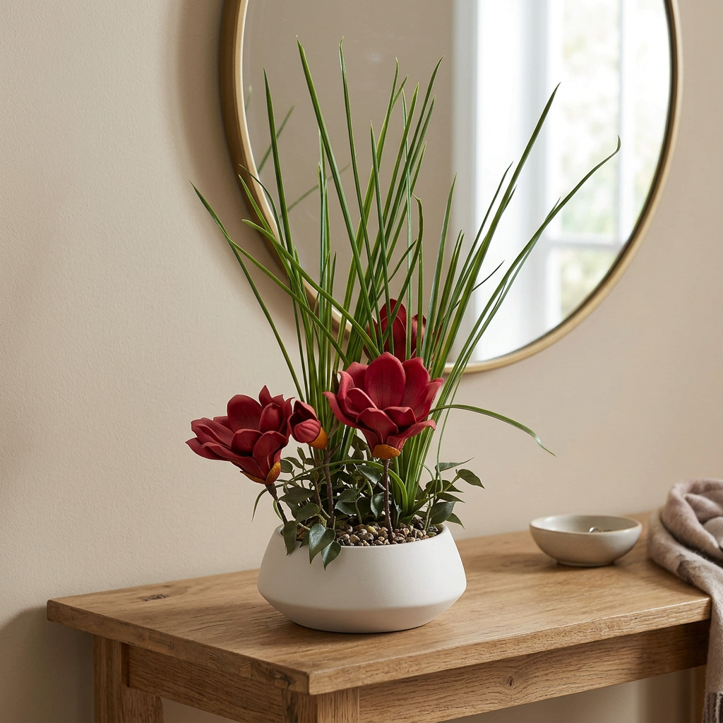 Red Artificial Flower and Grass Arrangement in White Pot | Happy Gift