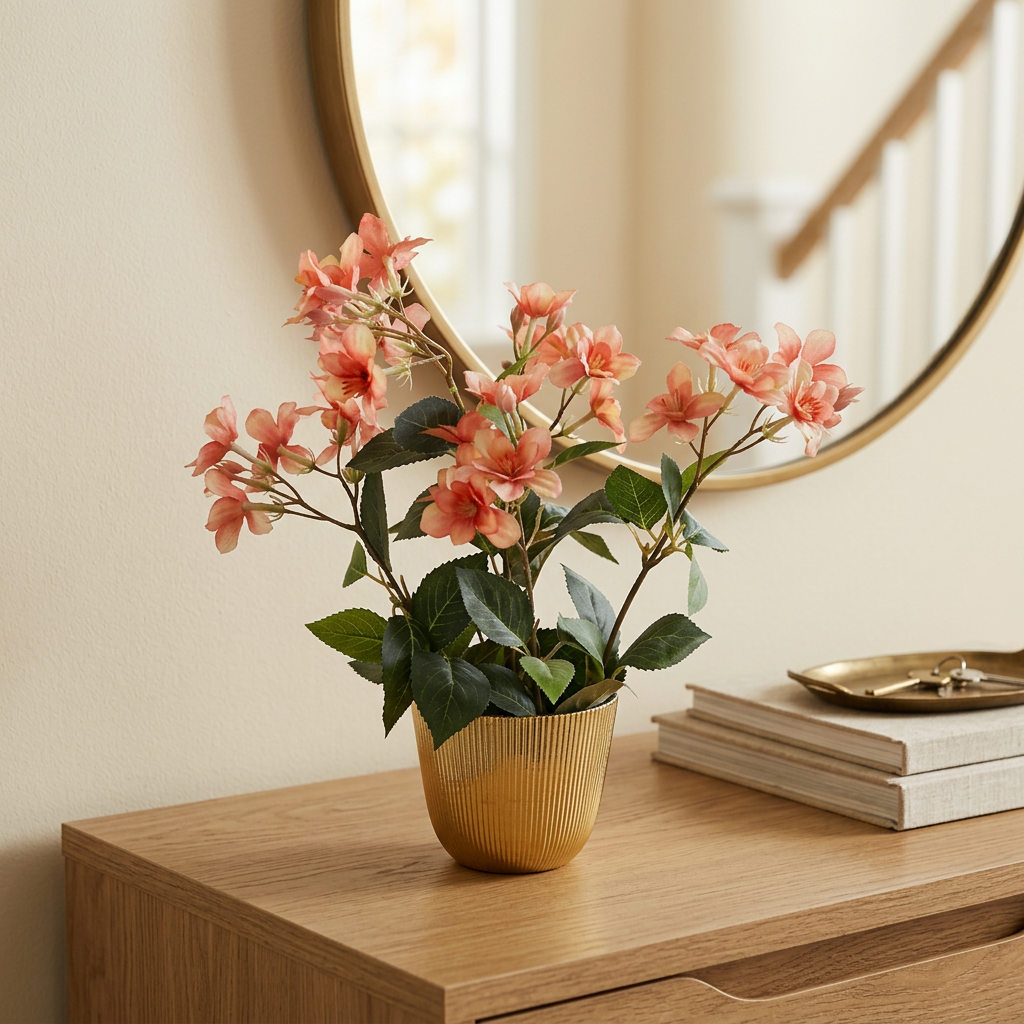 Peach Artificial Blossom Arrangement in Gold Pot | Happy Gift