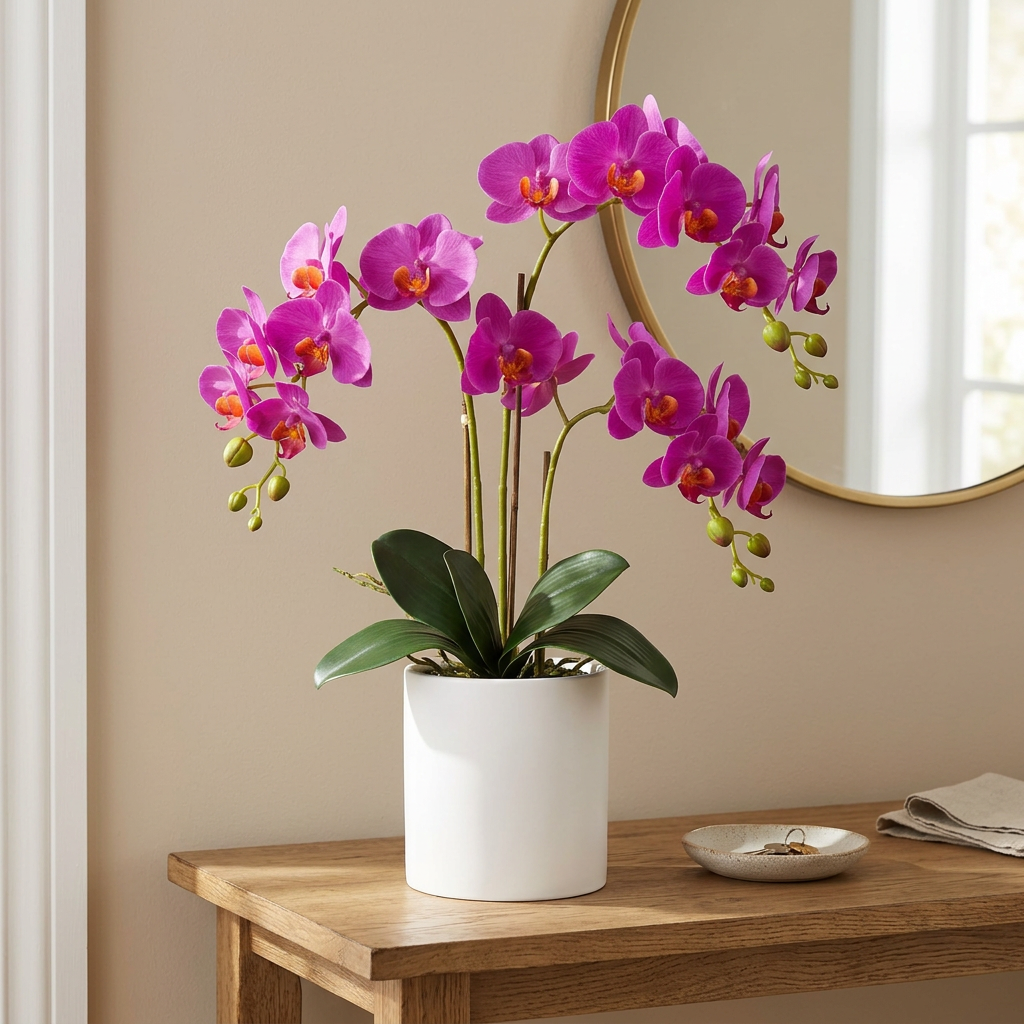 Purple Artificial Orchid Arrangement in White Pot | Happy Gift