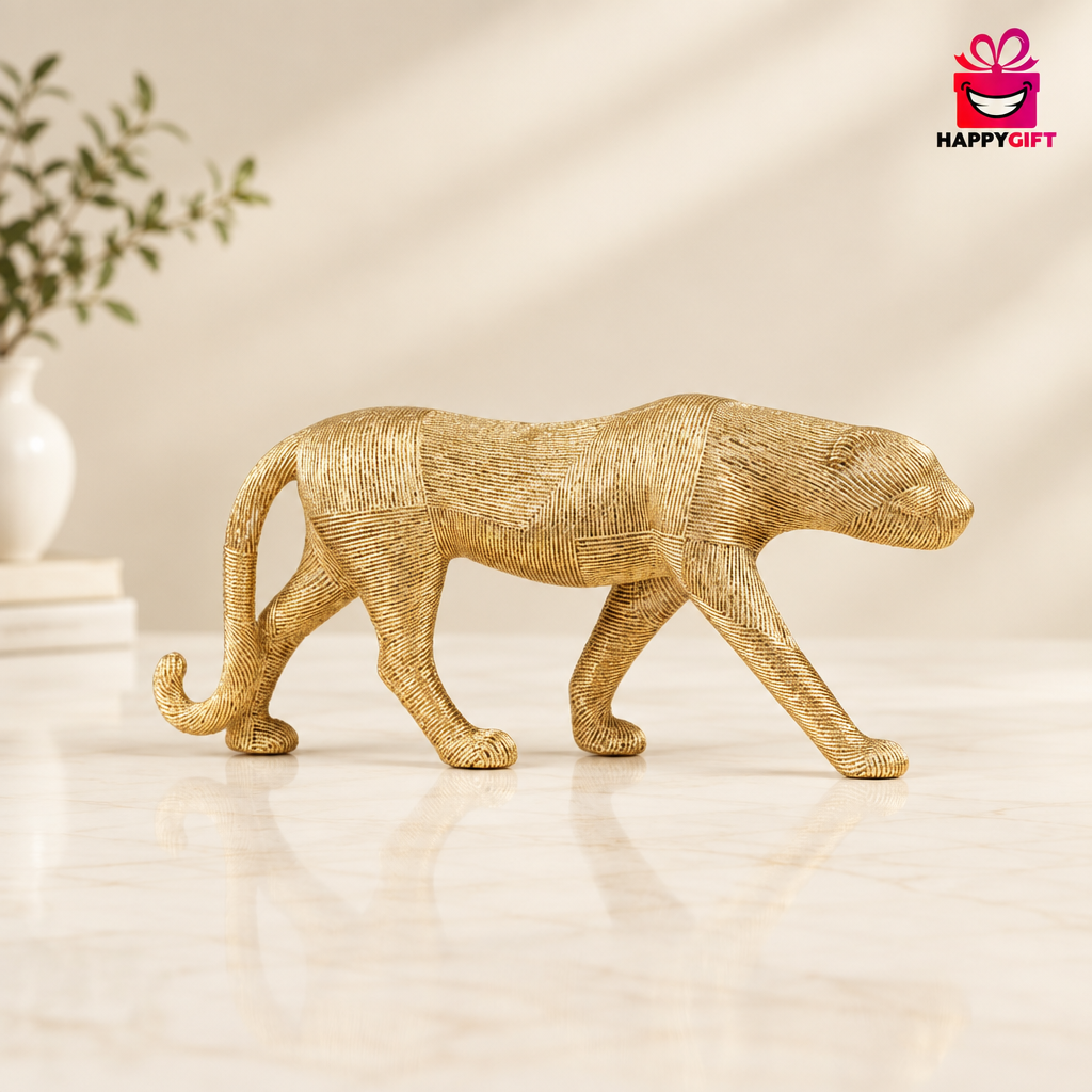 Exquisite Textured Gold Wire Leopard Figurine - Luxury Home Decor | HappyGift