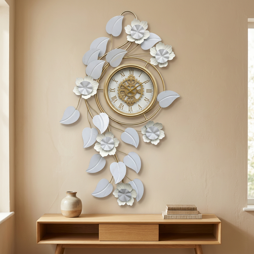 Silver & Gold Floral Wall Clock with Roman Numerals | Happy Gift