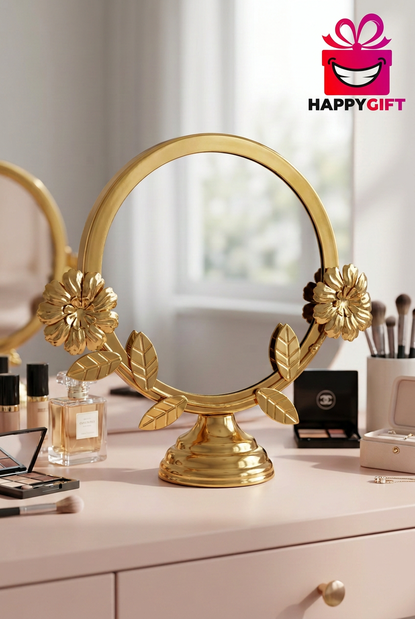 Gold Floral Round Tabletop Vanity Mirror with Stand | Happy Gift
