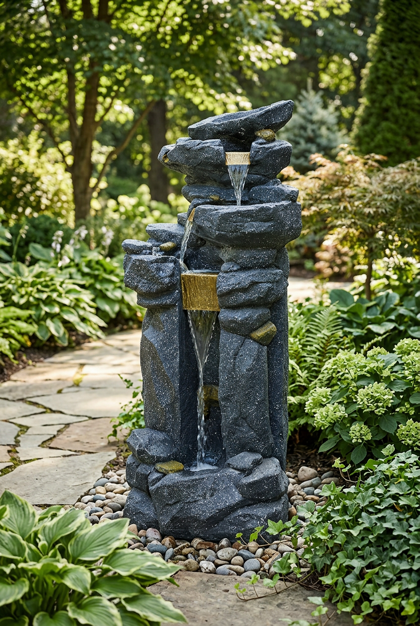 Cascading Rock Water Fountain with Gold Accents | Happy Gift