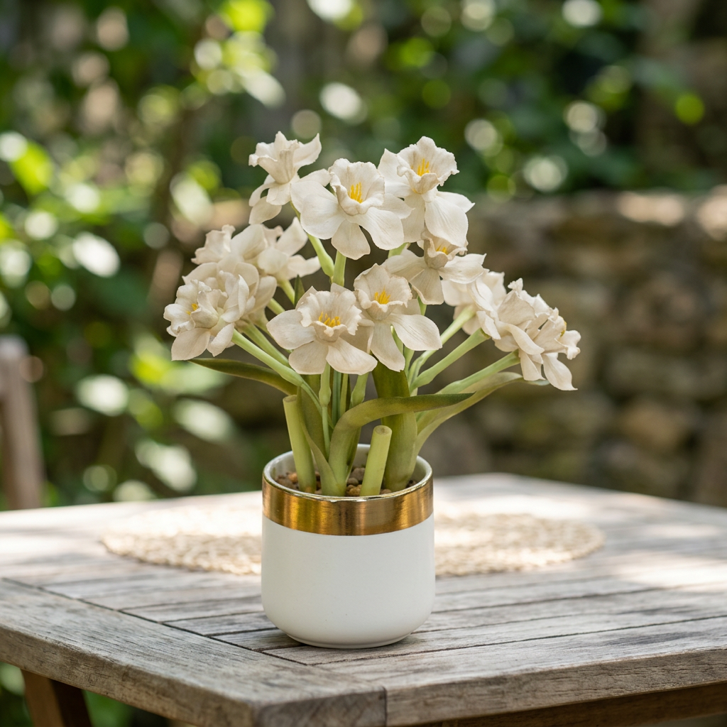 White Artificial Flower Arrangement in Gold-Rimmed Pot | Happy Gift