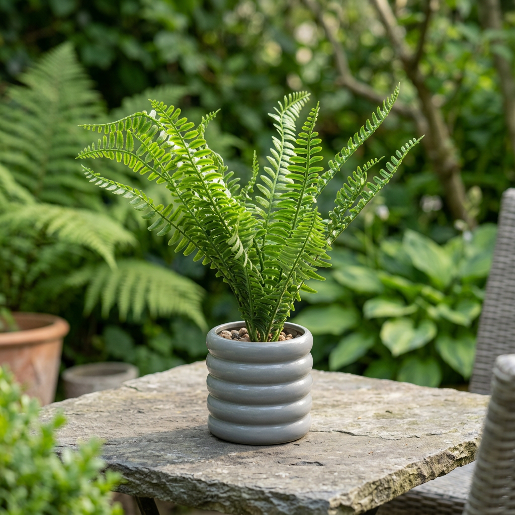 Artificial Green Fern Plant in Grey Ribbed Pot | Happy Gift