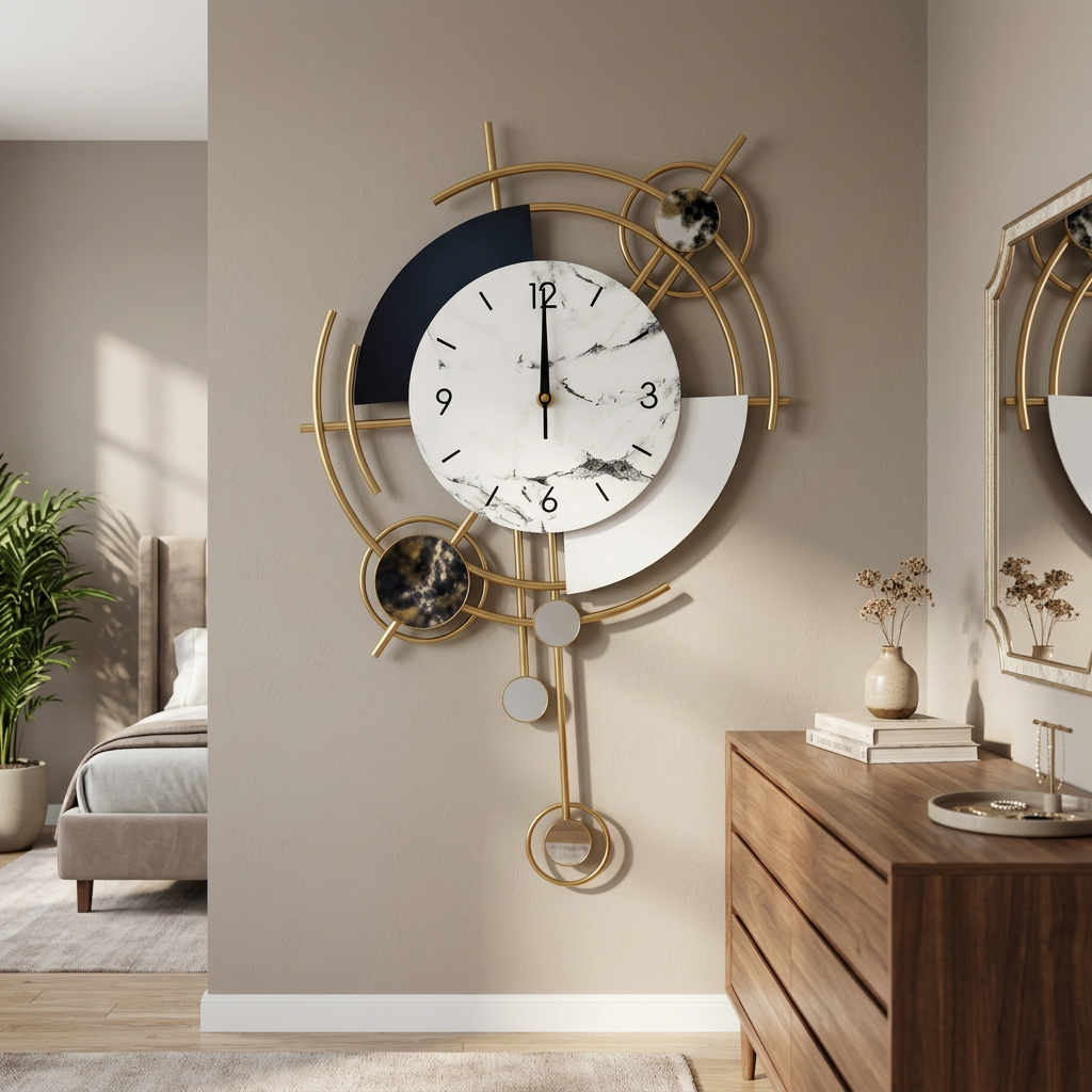 Modern Gold Geometric Wall Clock with Marble-Look Dial | Happy Gift