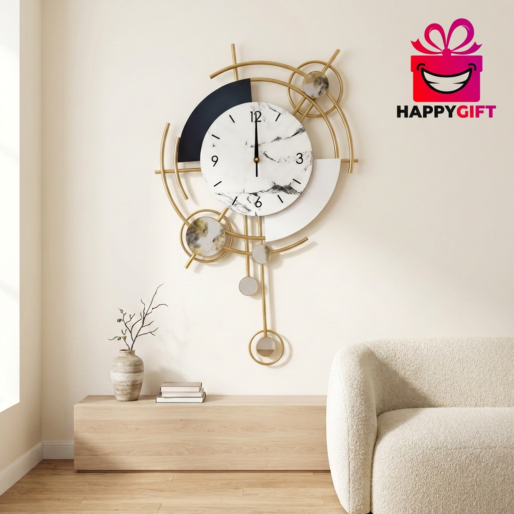 Modern Gold Geometric Wall Clock with Marble-Look Dial | Happy Gift