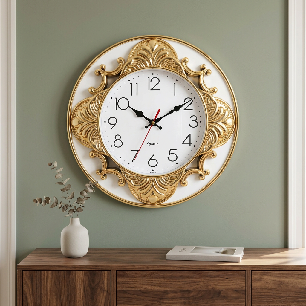 Decorative Gold and White Wall Clock with Ornate Detailing – Happy Gift
