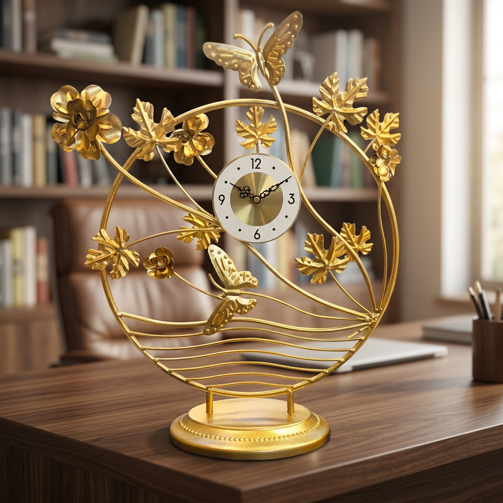 Gold Butterfly Flower Metal Table Clock | Happy Gift