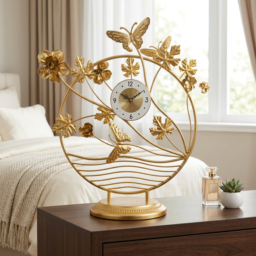 Gold Butterfly Flower Metal Table Clock | Happy Gift