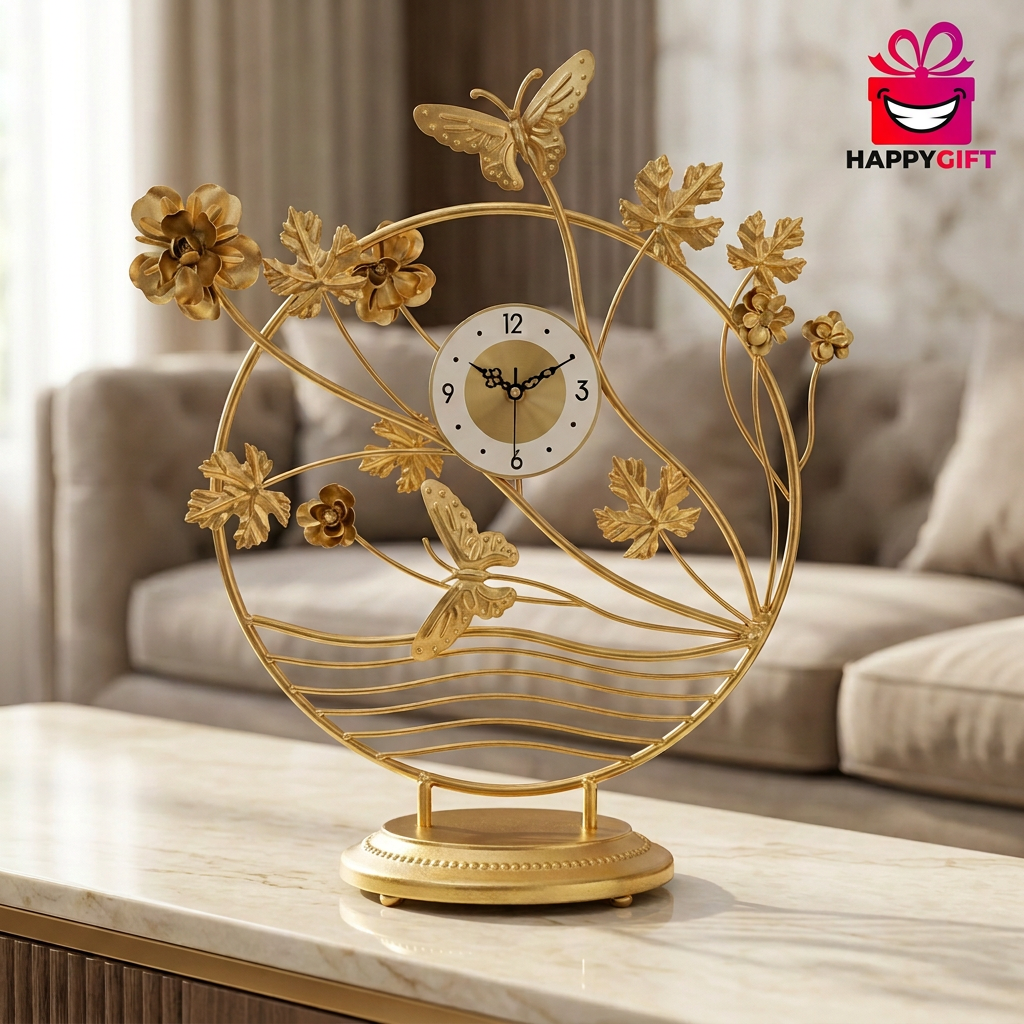 Gold Butterfly Flower Metal Table Clock | Happy Gift