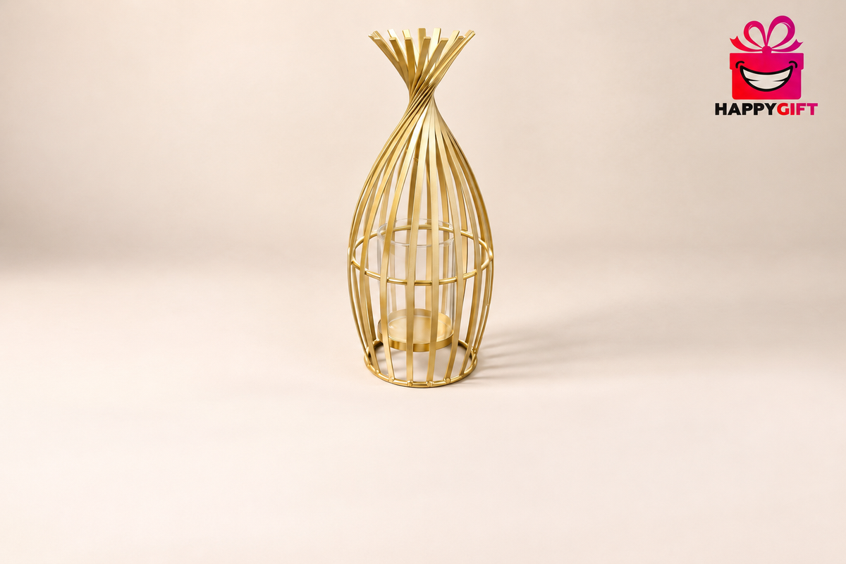 Luxury Gold Wire Pillar Candle Holder – Sculptural Twisted Tabletop Lantern