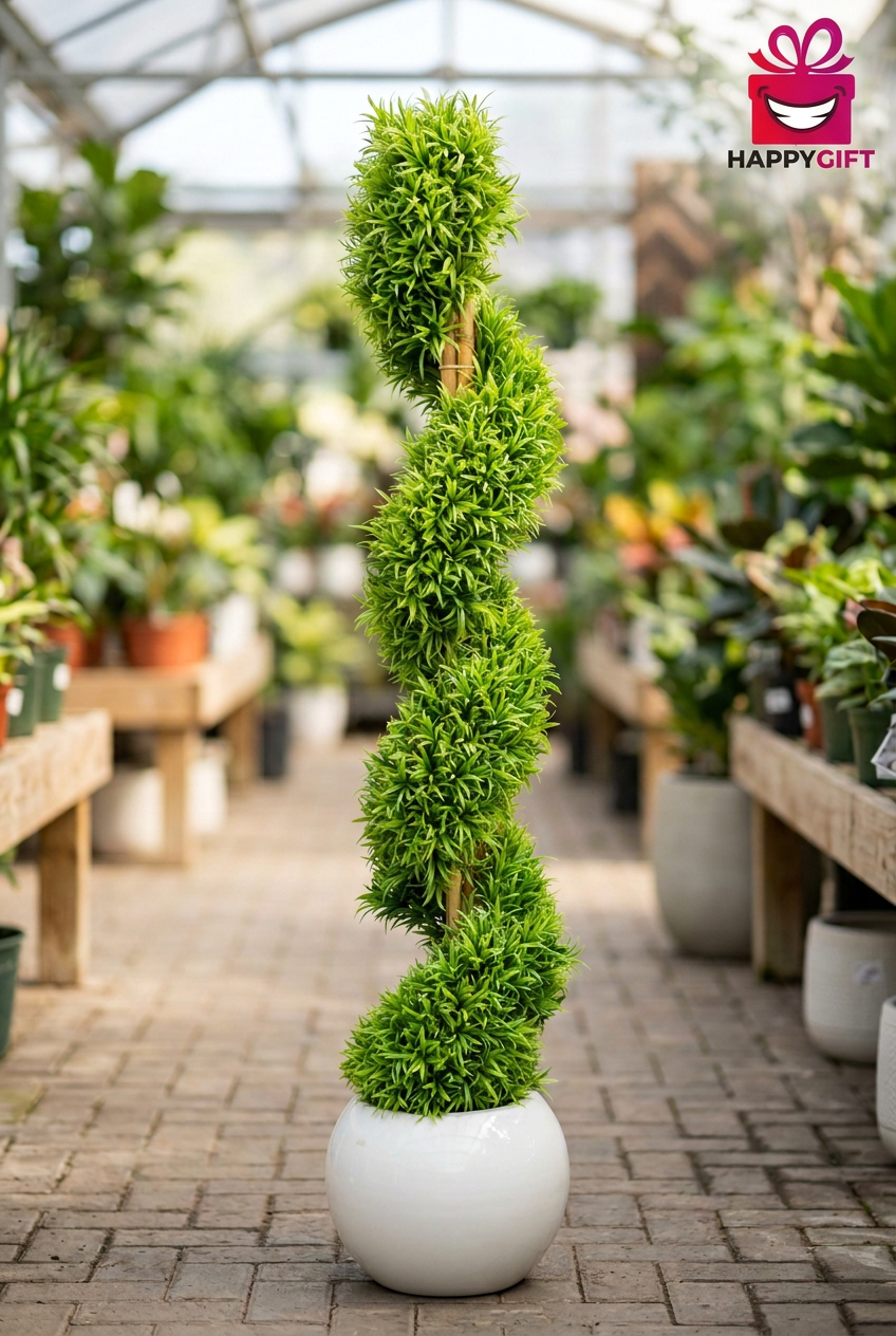 Green Spiral Topiary in White Planter | Happy Gift