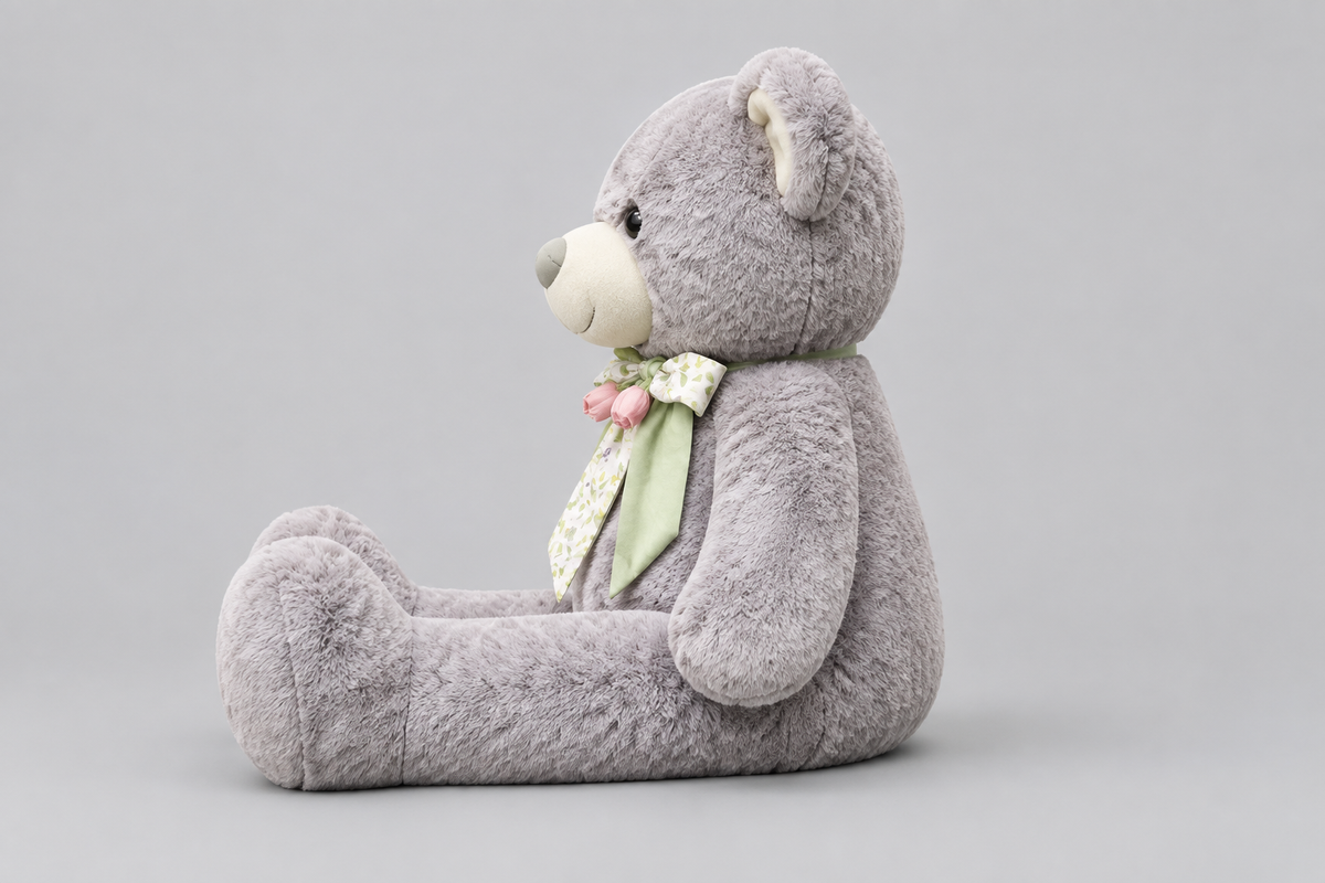76CM Grey Teddy Bear with Floral Bow – Soft Plush Toy | Happy Gift