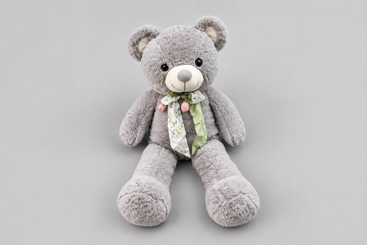 76CM Grey Teddy Bear with Floral Bow – Soft Plush Toy | Happy Gift
