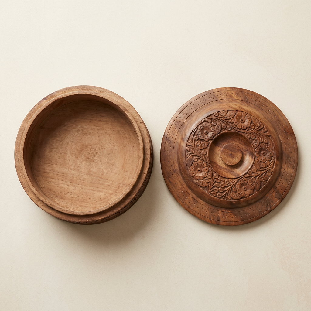 Round Floral Carved Wooden Box with Lid | Happy Gift