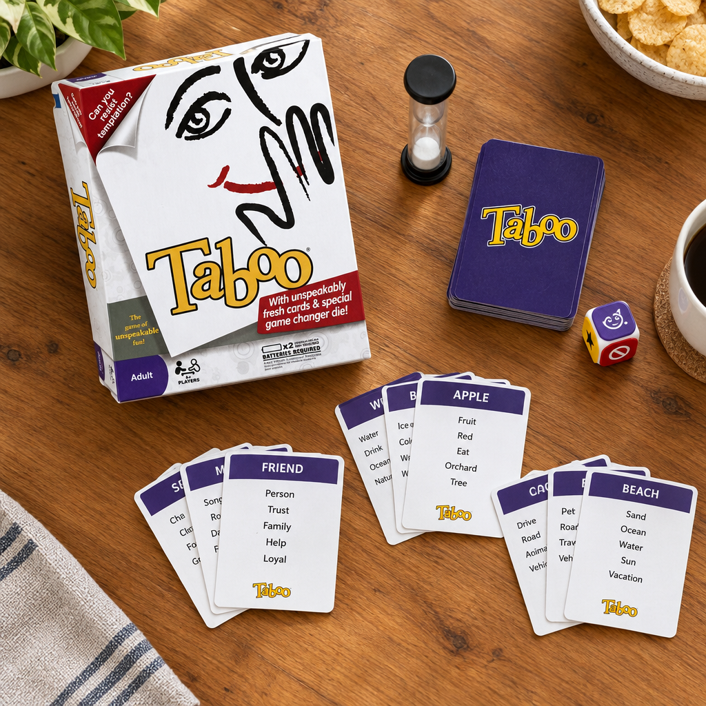 Taboo party game with cards spread out on a wooden table