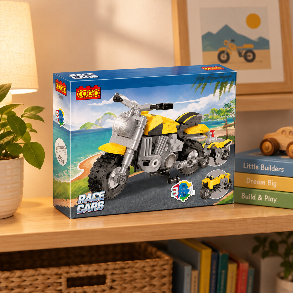 COGO yellow motorcycle building set on a display shelf
