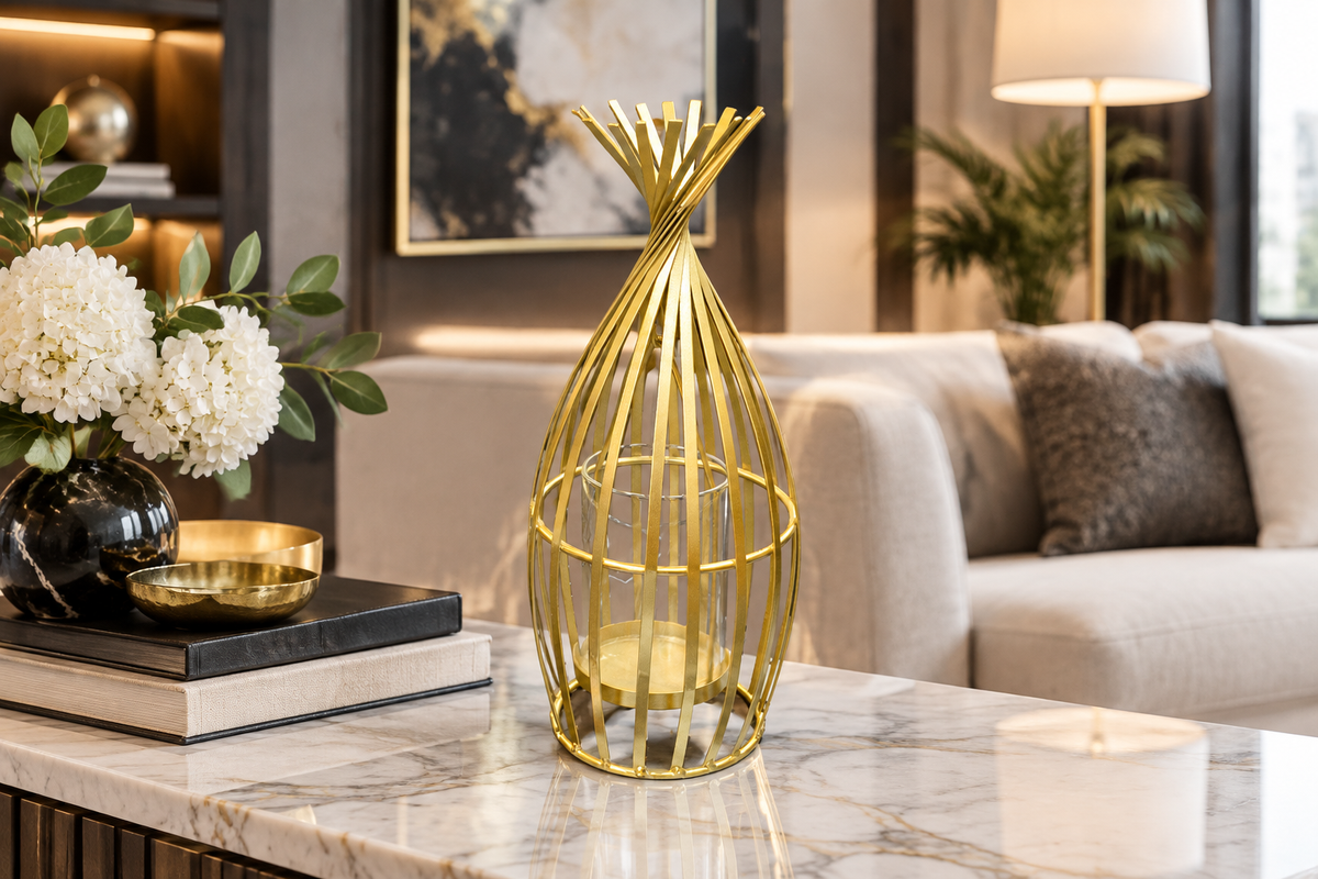 Gold wire lantern on marble console