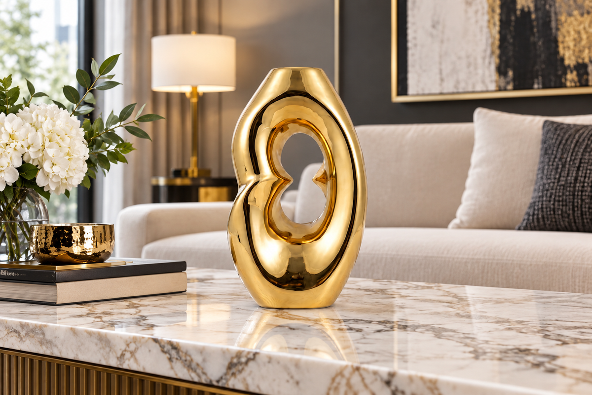 Gold vase on marble console