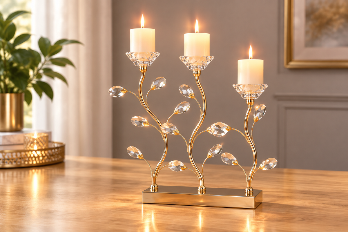 Gold crystal candle holder with lit candles