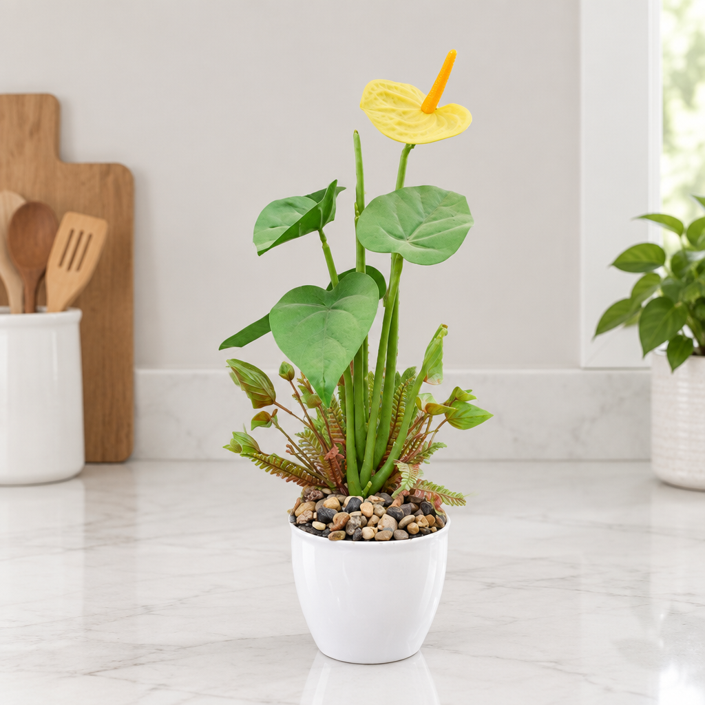 Faux yellow anthurium on minimalist kitchen countertop