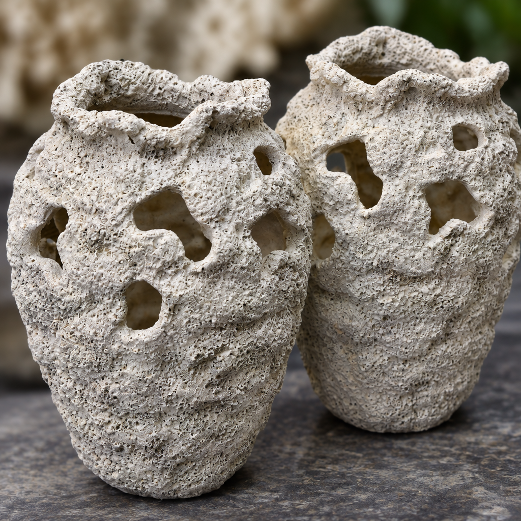 Close-up of textured coral stone mini vase cutouts