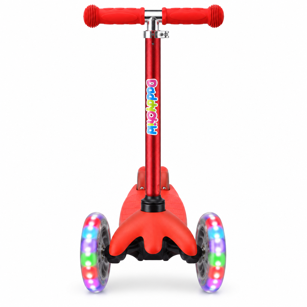Red 3-wheel kids scooter with LED wheels, front view