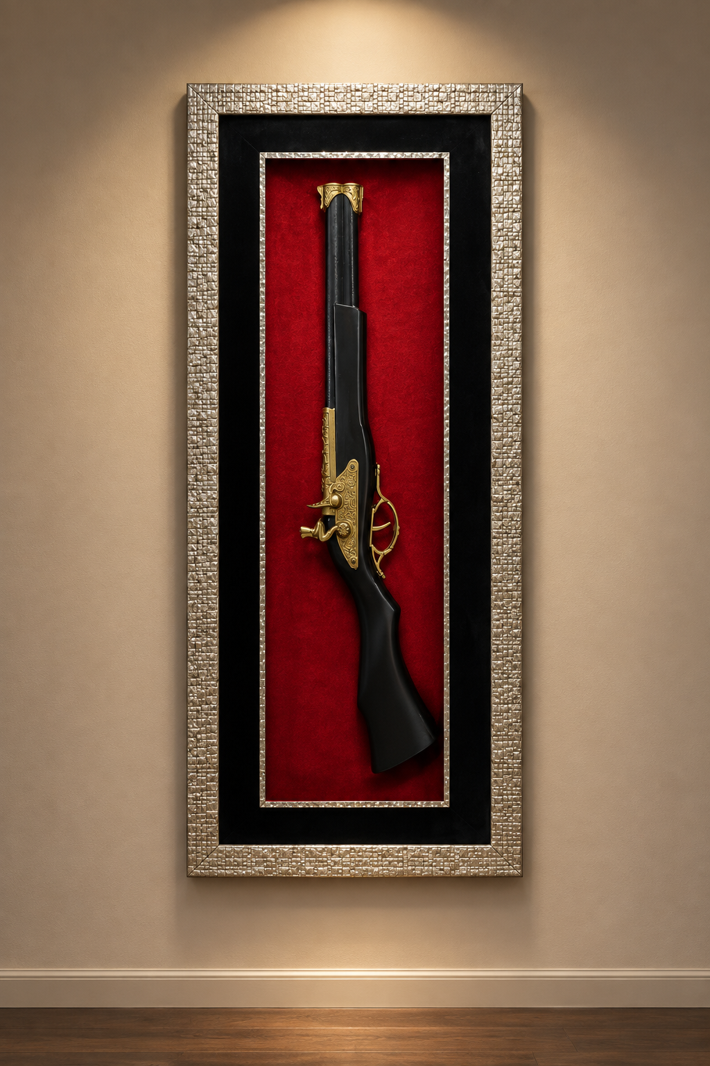 Vintage rifle framed wall art on gallery wall