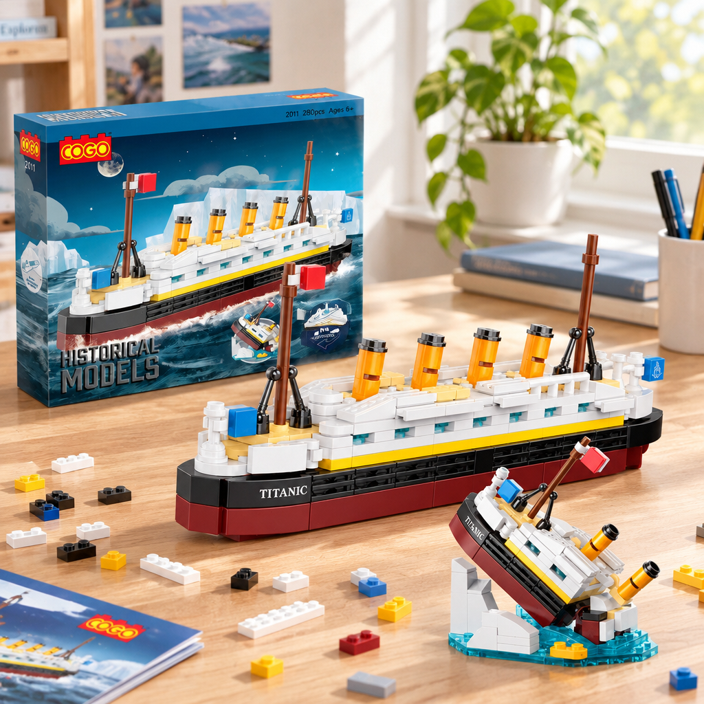 COGO Titanic building set on a desk with loose bricks