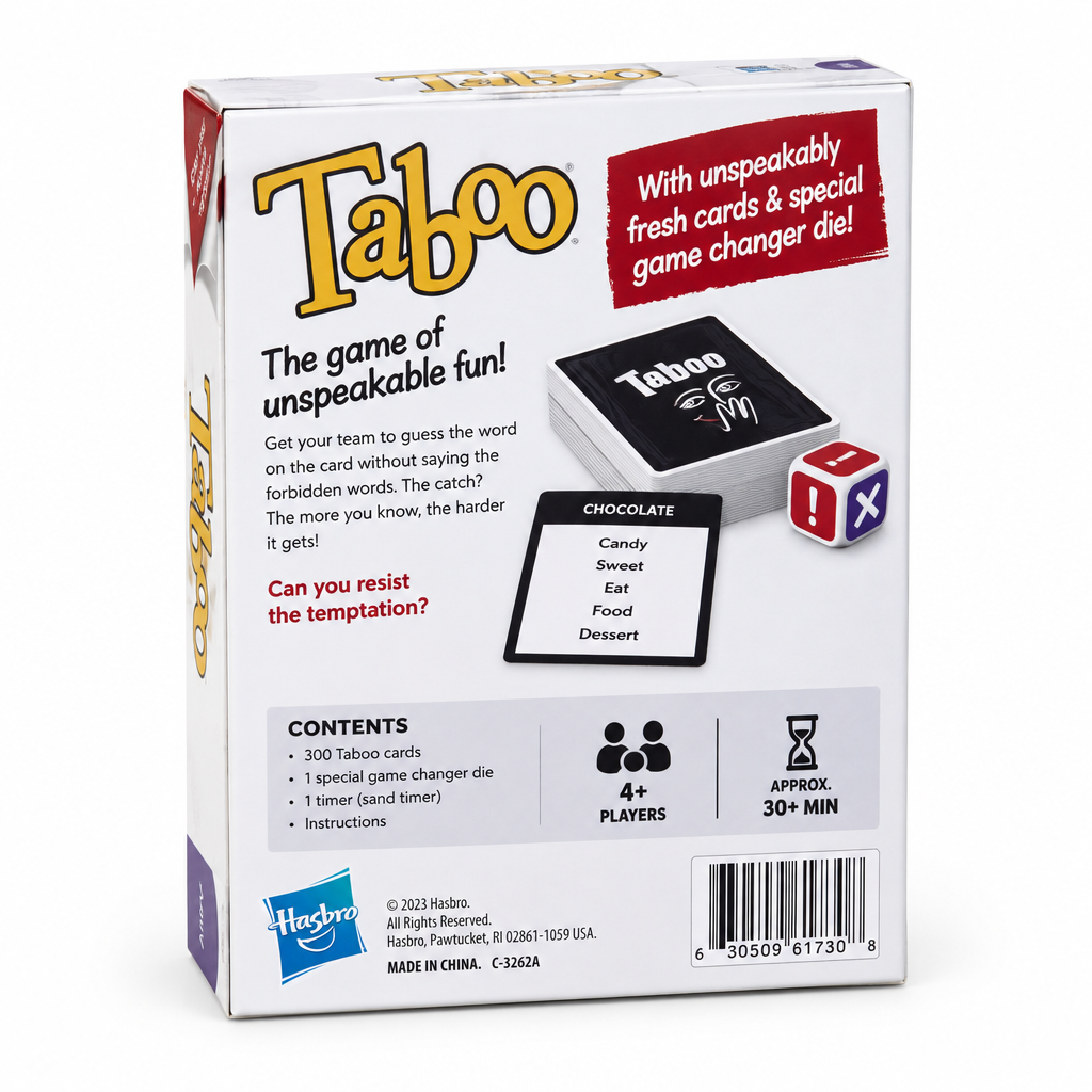 Taboo party game box, back view