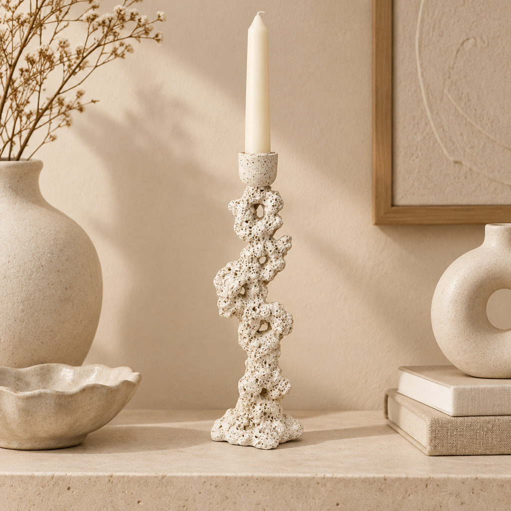 Coral rock candlestick in sculptural shelf styling