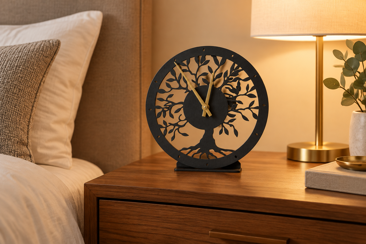 Tree of life clock on bedside table