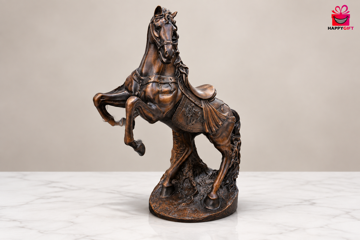 Antique bronze rearing stallion statue on white marble with small logo