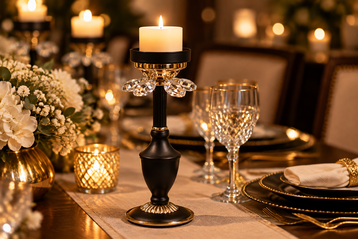 Candle stand on an elegant dinner party table