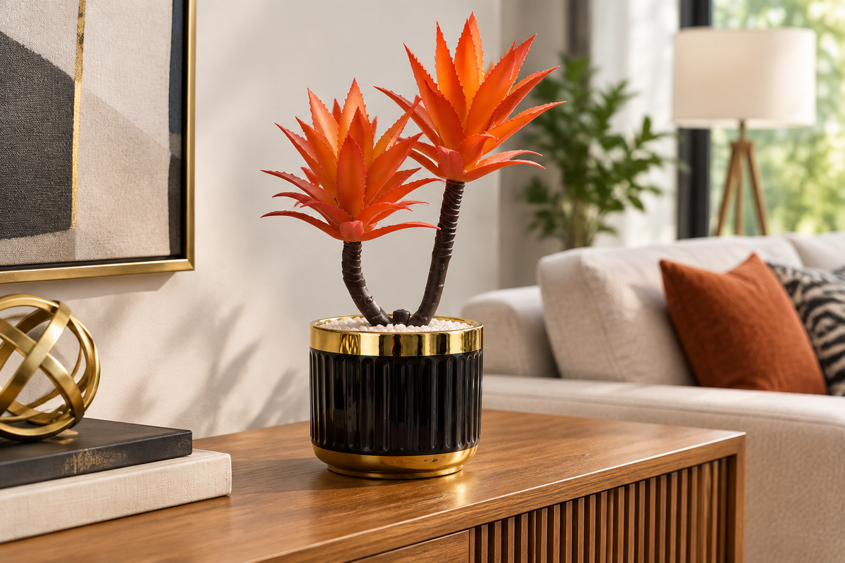 Faux orange aloe succulent planter on a wooden console table
