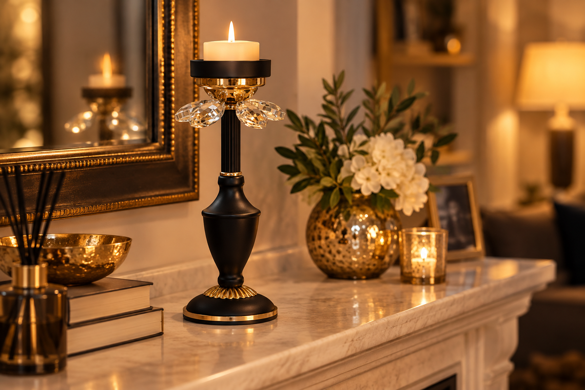 Candle stand on a living room mantelpiece