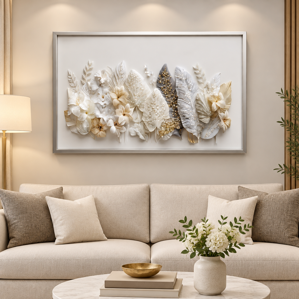 Opulent Bloom framed wall art in living room