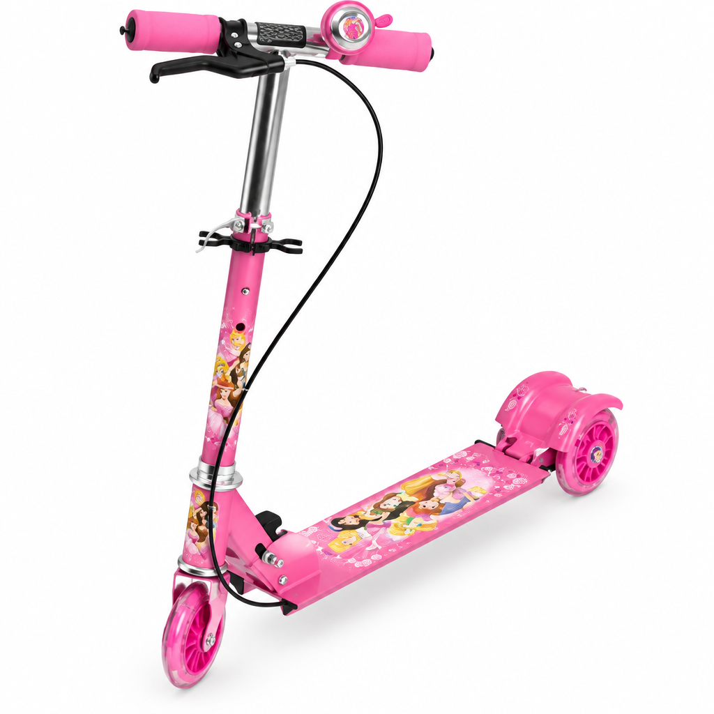 Pink kids kick scooter, angled view on white background