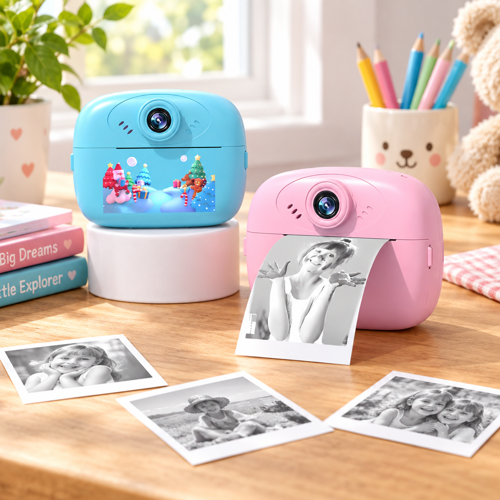 Instant kids camera on a table with small printed photos