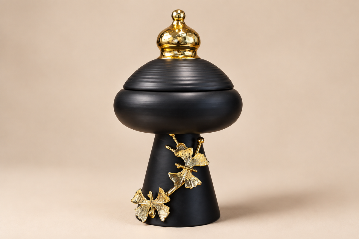 Black urn jar three-quarter view