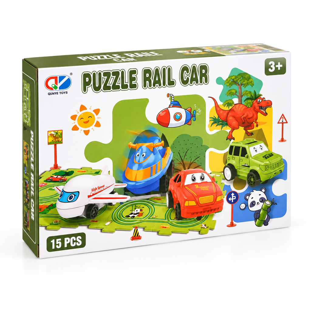 Puzzle rail car set, angled view on white background