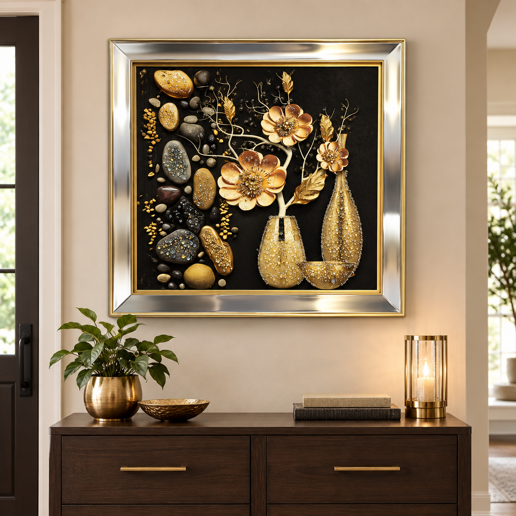 Golden Floral 3D Wall Art in entryway