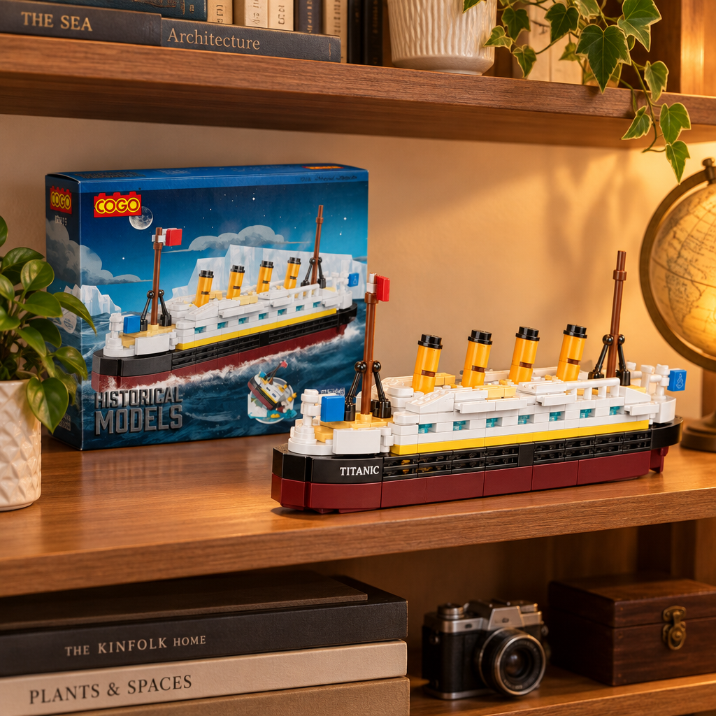 COGO Titanic building set displayed on a wooden bookshelf